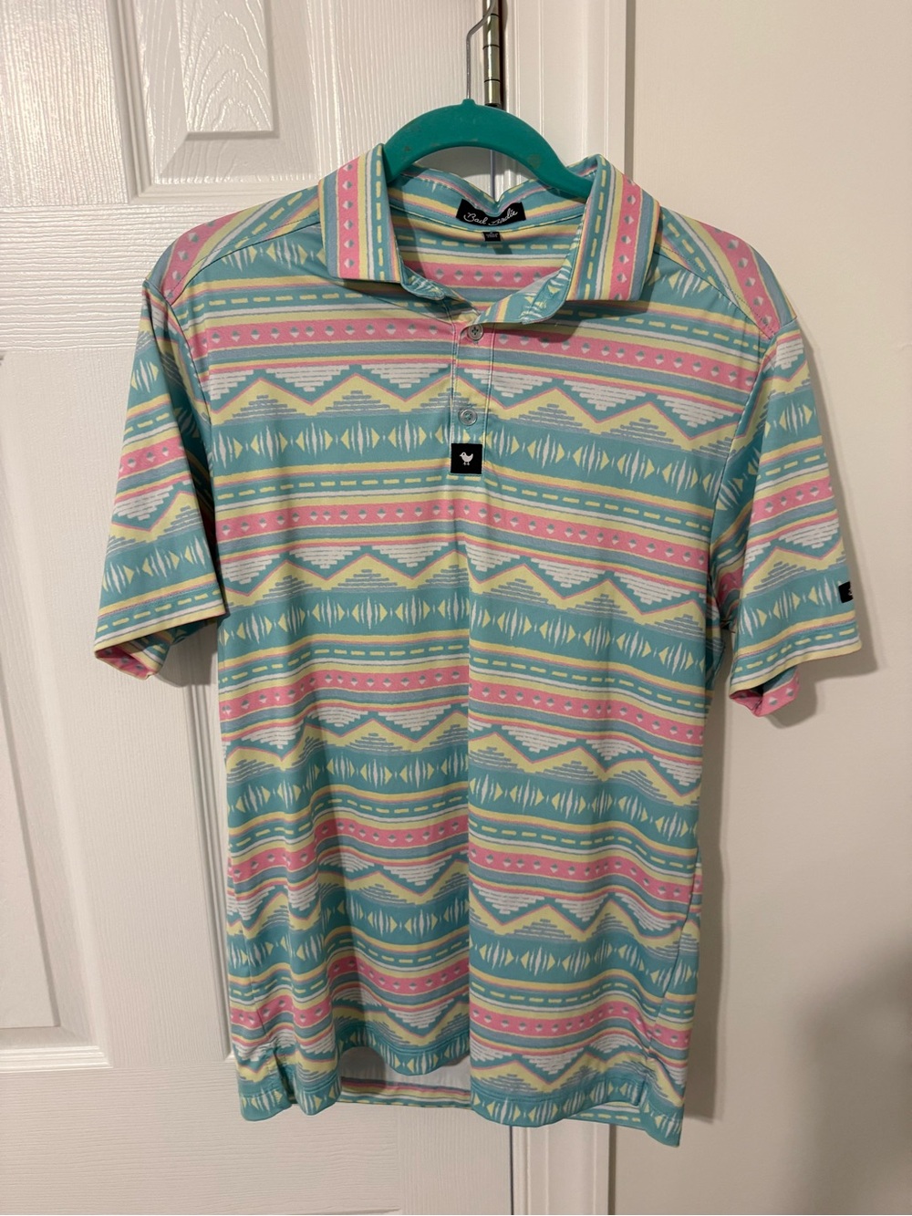 Bad Birdie Men's Short Sleeve Polo in Mint, Pink & Cream Pastel Pattern
